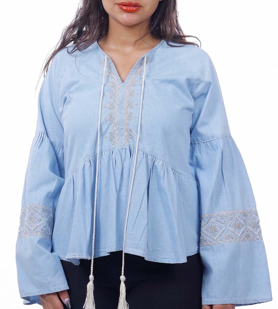 Denim embroidered blouse
