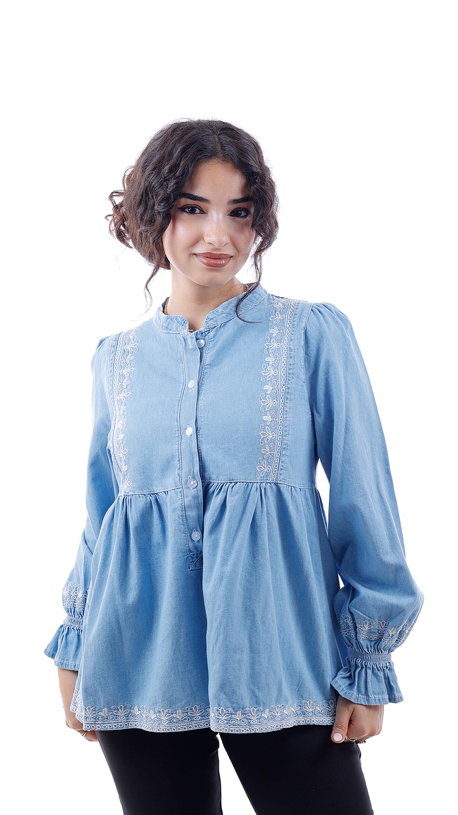 Front Buttons Embroidered Denim Blouse