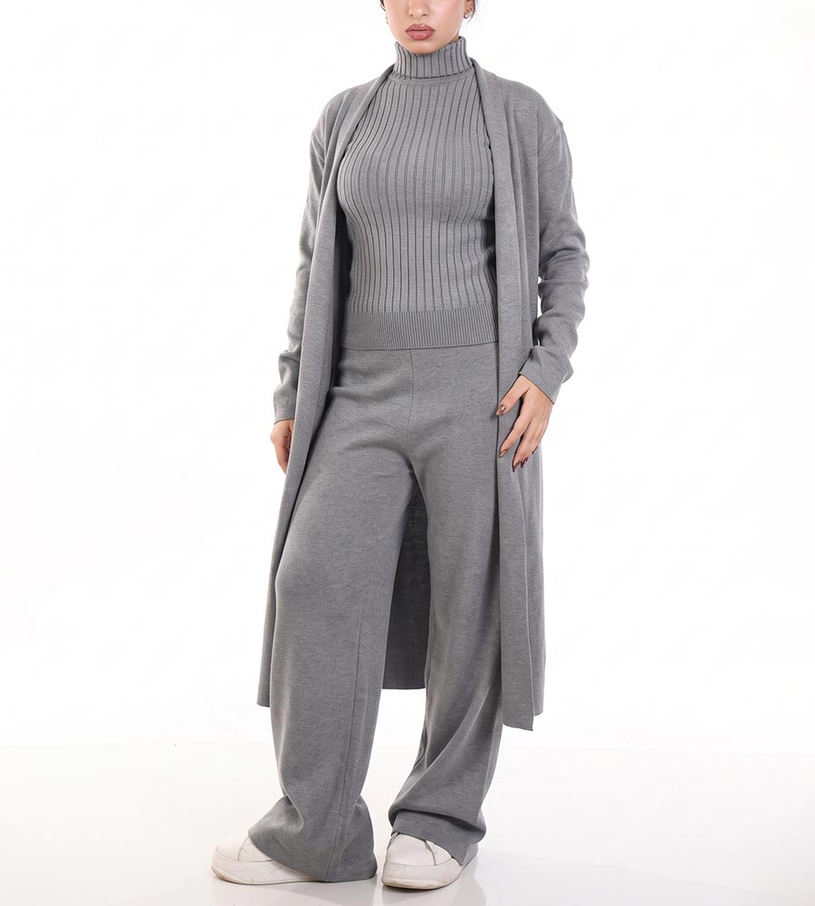3-Piece Knit Suit with Ribbed Body & Cardigan