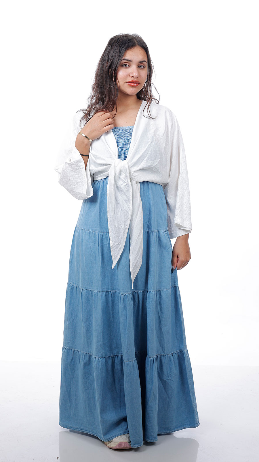 Denim dress with white bolero