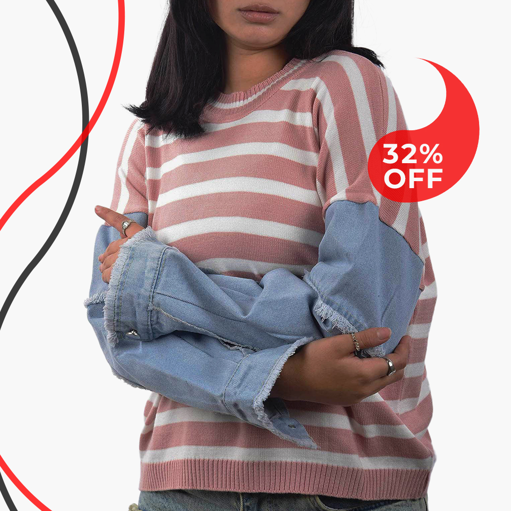  knitted pullover with jeans sleeves