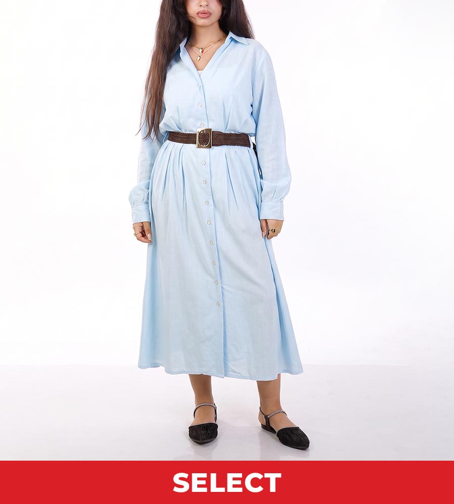 Bedaya Solid Linen Button-Up Belted Dress